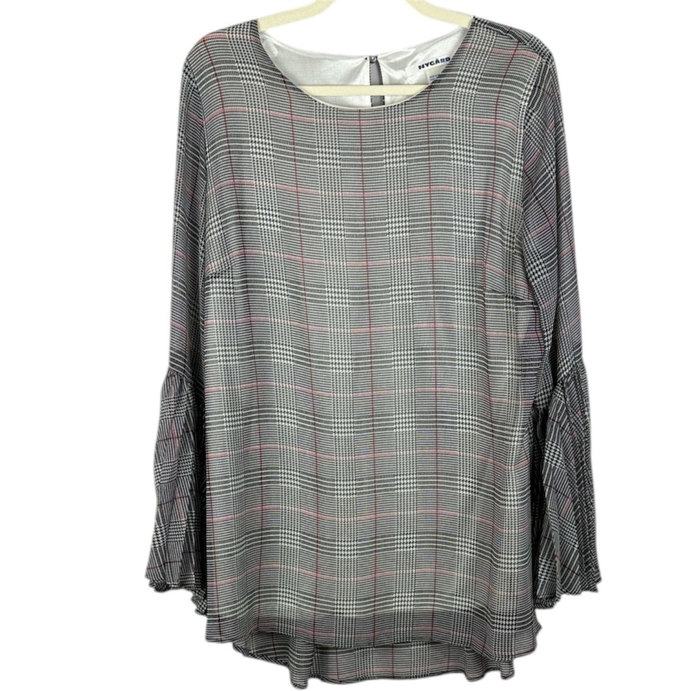 Peter Nygard Gray Plaid White Inner Lining Angel Pleated Sleeve Large Blouse